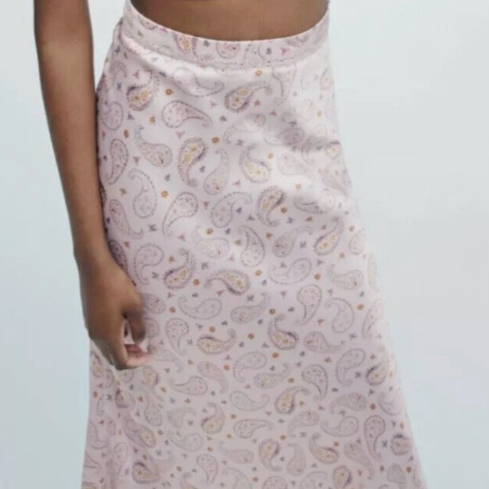 Zara Woman Printed Midi Skirt Pastel Pink Paisley
